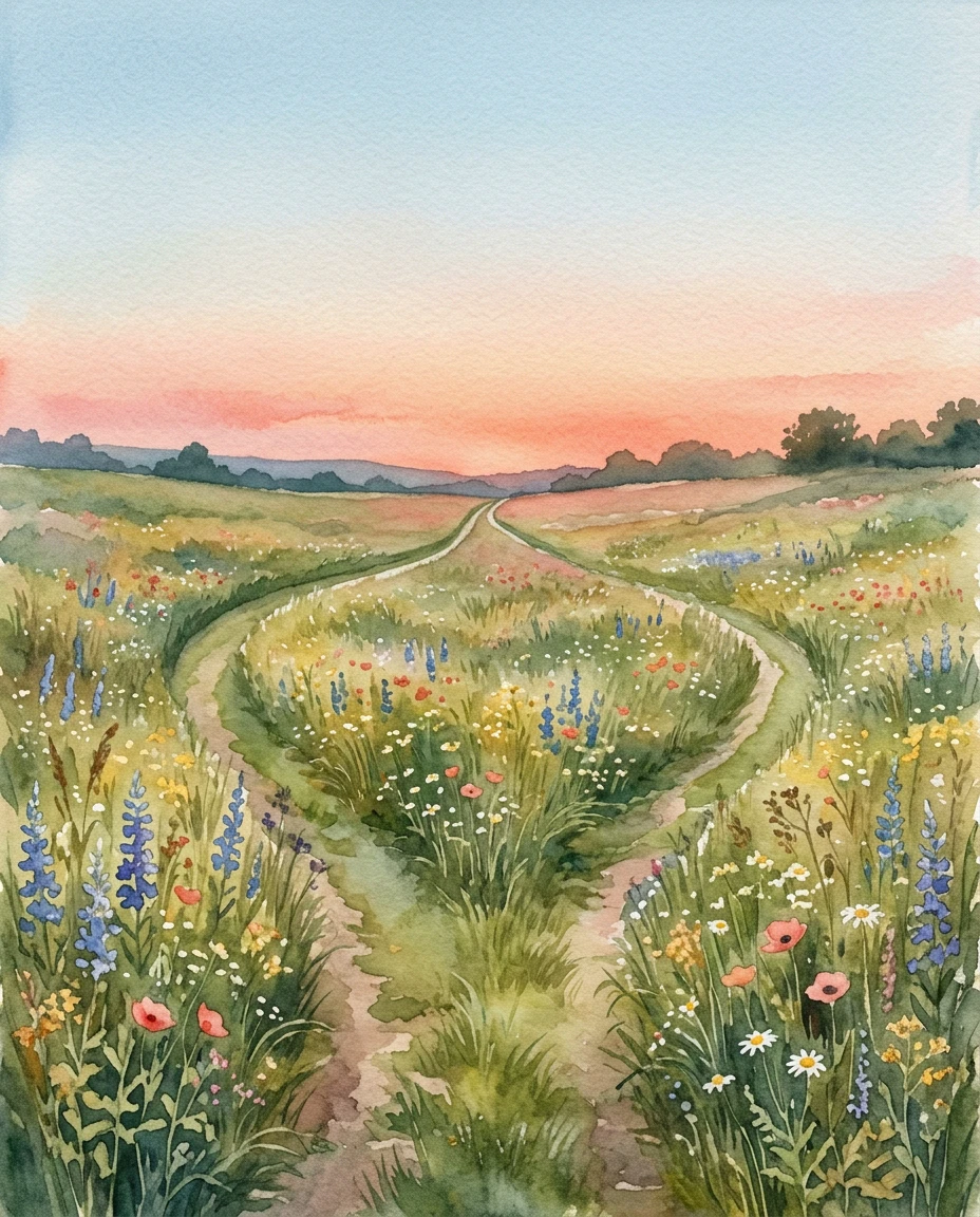 Two paths through a wildflower meadow converging at a coral horizon